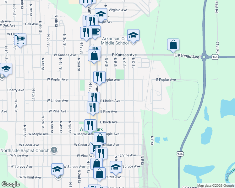 map of restaurants, bars, coffee shops, grocery stores, and more near 1018-1024 North B Street in Arkansas City