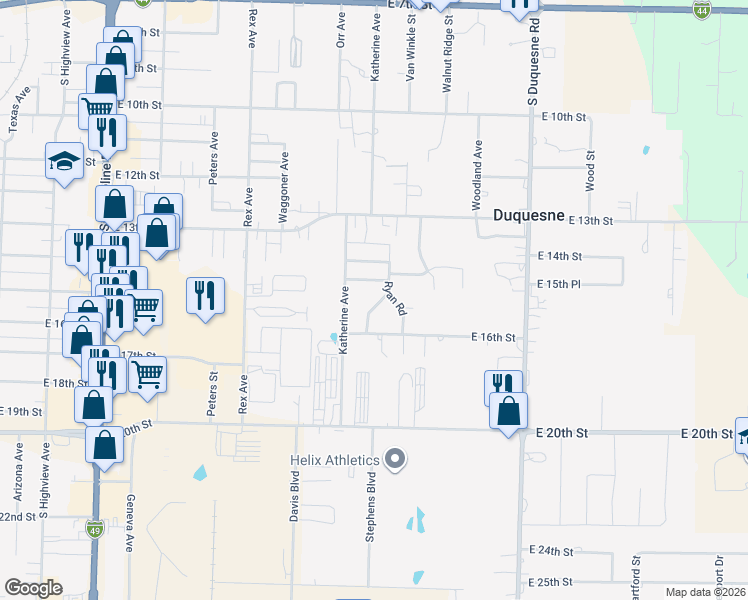 map of restaurants, bars, coffee shops, grocery stores, and more near 1410 Kymberlee Lane in Joplin