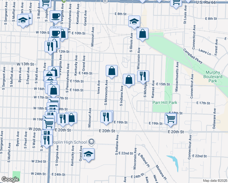 map of restaurants, bars, coffee shops, grocery stores, and more near 901 East 16th Street in Joplin