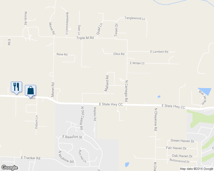 map of restaurants, bars, coffee shops, grocery stores, and more near Mallard Road in Nixa