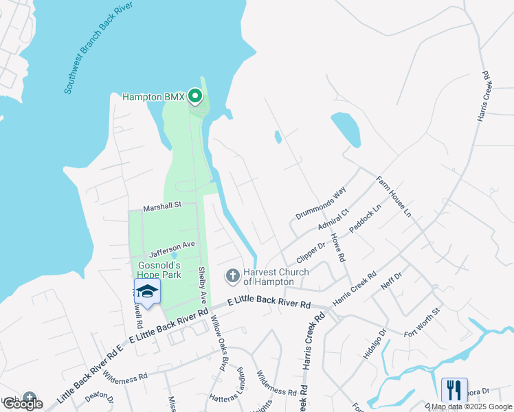 map of restaurants, bars, coffee shops, grocery stores, and more near 222 Commodore Drive in Hampton