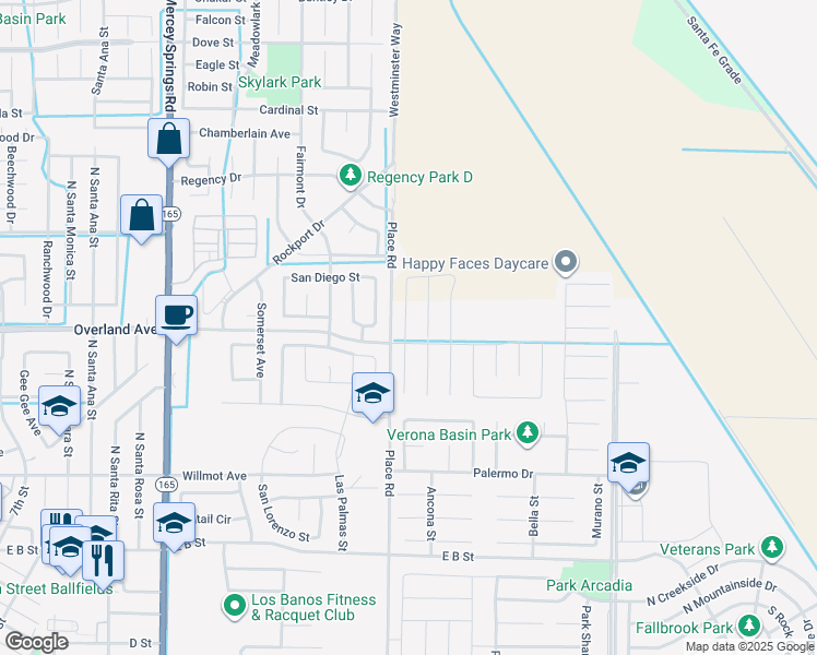 map of restaurants, bars, coffee shops, grocery stores, and more near 420 Barrett Lane in Los Banos