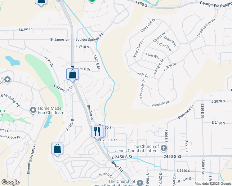 map of restaurants, bars, coffee shops, grocery stores, and more near Schrund Circle in St. George