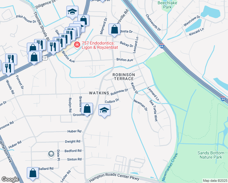 map of restaurants, bars, coffee shops, grocery stores, and more near 216 Robinson Drive in Newport News