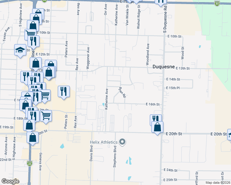 map of restaurants, bars, coffee shops, grocery stores, and more near 1410 Kymberlee Ln in Joplin