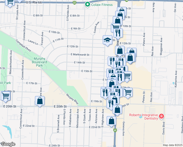 map of restaurants, bars, coffee shops, grocery stores, and more near 1553 Texas Ave in Joplin
