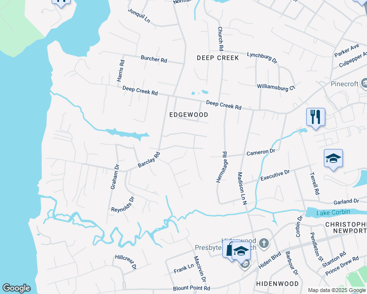 map of restaurants, bars, coffee shops, grocery stores, and more near 212 Steffi Place in Newport News