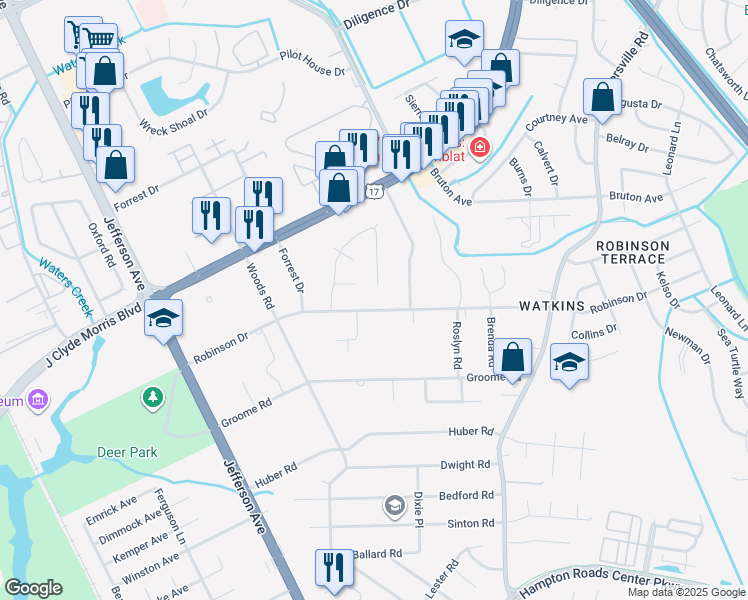 map of restaurants, bars, coffee shops, grocery stores, and more near 78 Robinson Drive in Newport News