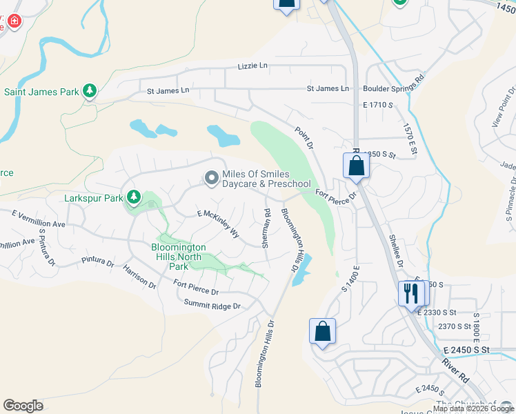 map of restaurants, bars, coffee shops, grocery stores, and more near 1116 Oxford Place in St. George