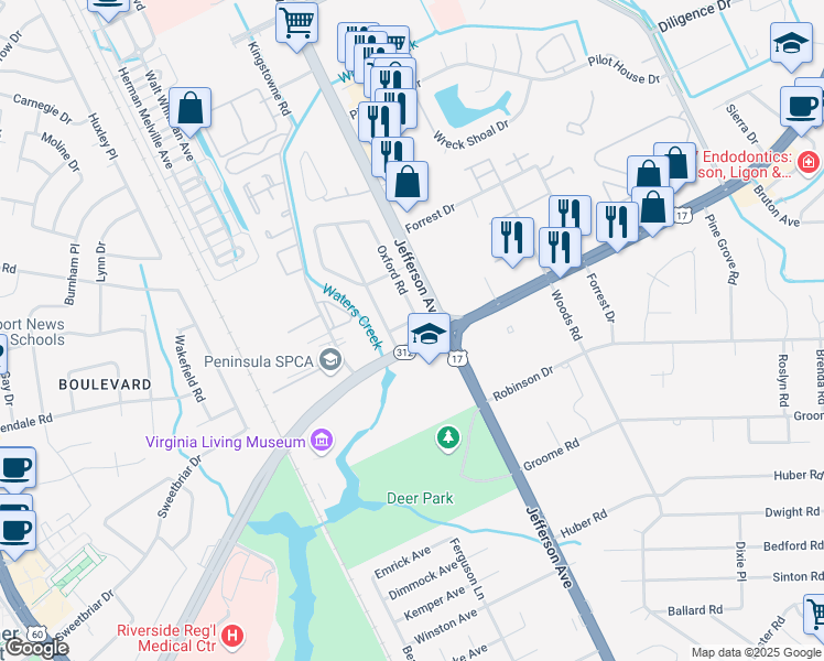 map of restaurants, bars, coffee shops, grocery stores, and more near 10 Matoaka Lane in Newport News
