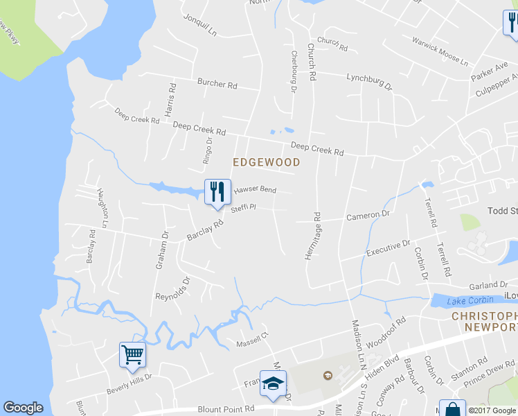 map of restaurants, bars, coffee shops, grocery stores, and more near 225 Steffi Place in Newport News