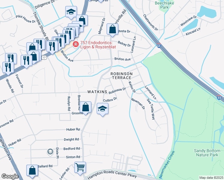 map of restaurants, bars, coffee shops, grocery stores, and more near 216 Robinson Drive in Newport News