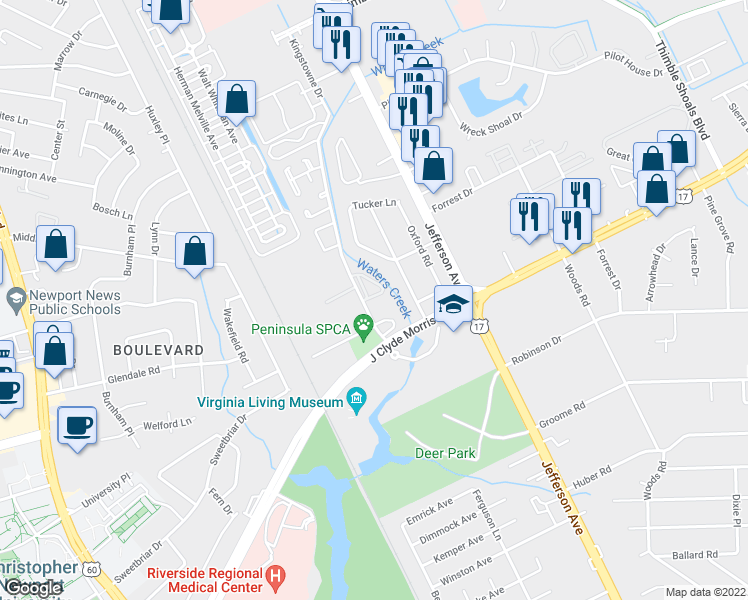 map of restaurants, bars, coffee shops, grocery stores, and more near 615 Jessica Circle in Newport News
