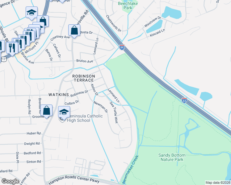 map of restaurants, bars, coffee shops, grocery stores, and more near 632 Leonard Lane in Newport News