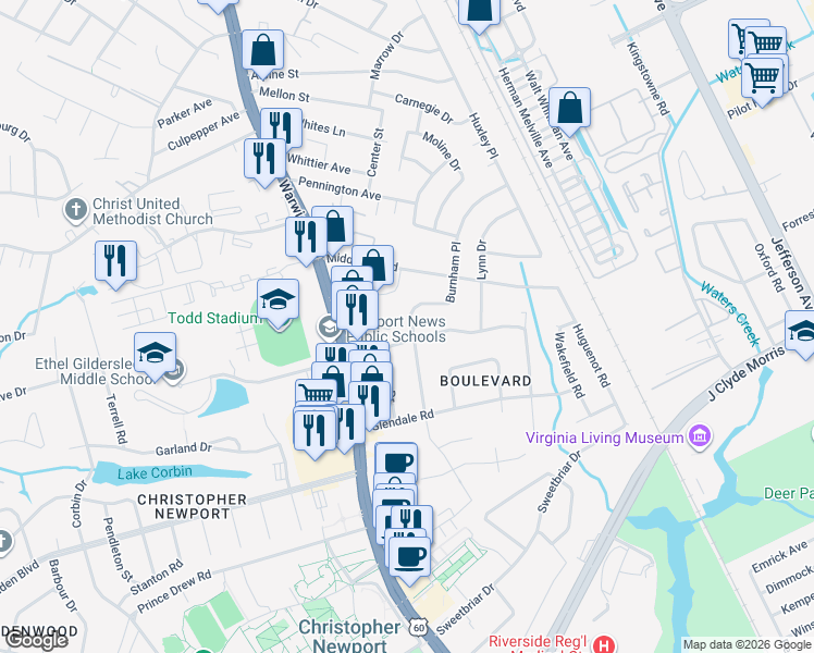 map of restaurants, bars, coffee shops, grocery stores, and more near 26 Burnham Place in Newport News