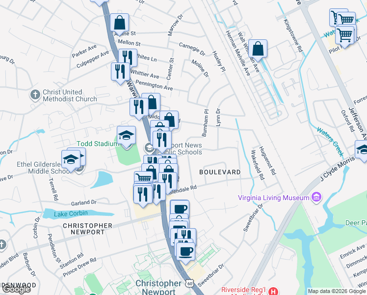 map of restaurants, bars, coffee shops, grocery stores, and more near 26 Burnham Place in Newport News