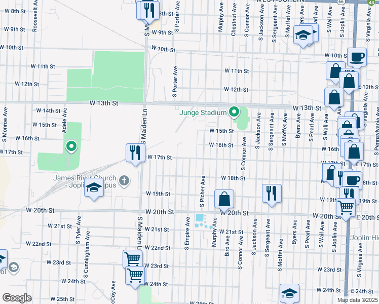map of restaurants, bars, coffee shops, grocery stores, and more near 1606 South Picher Avenue in Joplin
