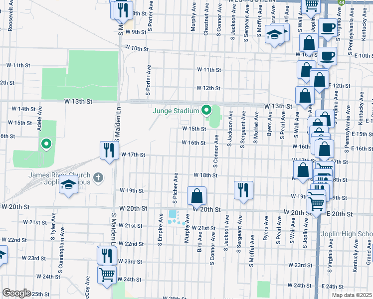 map of restaurants, bars, coffee shops, grocery stores, and more near 1614 Murphy Avenue in Joplin
