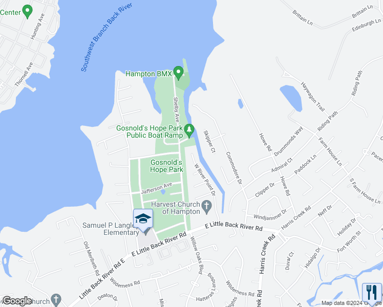 map of restaurants, bars, coffee shops, grocery stores, and more near 125 West Riverpoint Drive in Hampton