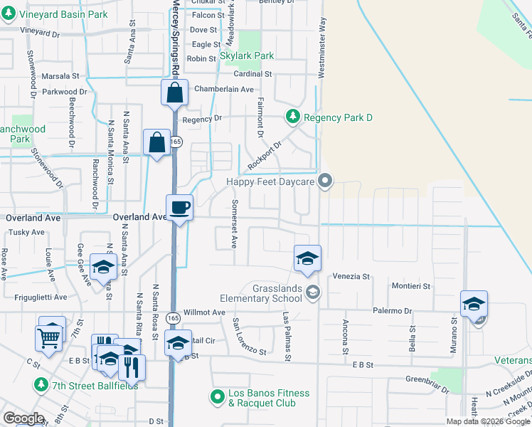 map of restaurants, bars, coffee shops, grocery stores, and more near 1423 San Rafael Street in Los Banos