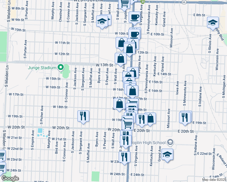 map of restaurants, bars, coffee shops, grocery stores, and more near 1604 South Wall Avenue in Joplin