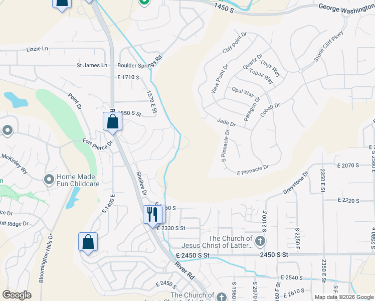 map of restaurants, bars, coffee shops, grocery stores, and more near Schrund Circle in St. George