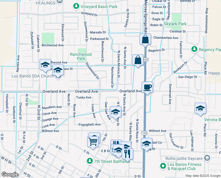map of restaurants, bars, coffee shops, grocery stores, and more near 401 Ranchwood Drive in Los Banos
