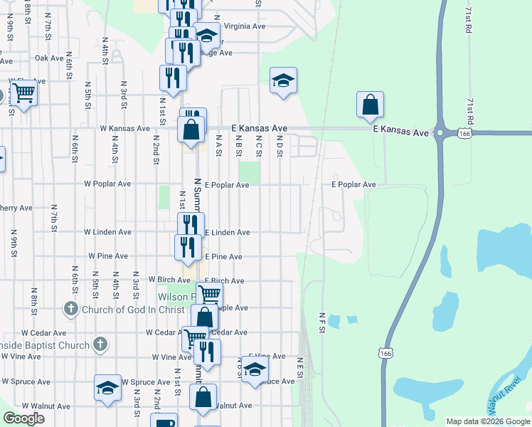 map of restaurants, bars, coffee shops, grocery stores, and more near 1022 North C Street in Arkansas City