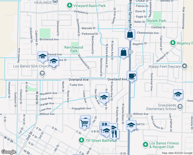 map of restaurants, bars, coffee shops, grocery stores, and more near 401 Ranchwood Drive in Los Banos