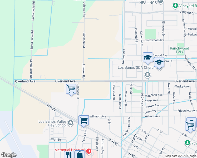 map of restaurants, bars, coffee shops, grocery stores, and more near 20228 Overland Avenue in Los Banos