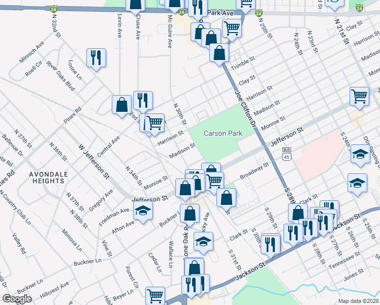 map of restaurants, bars, coffee shops, grocery stores, and more near 3014 Madison Street in Paducah