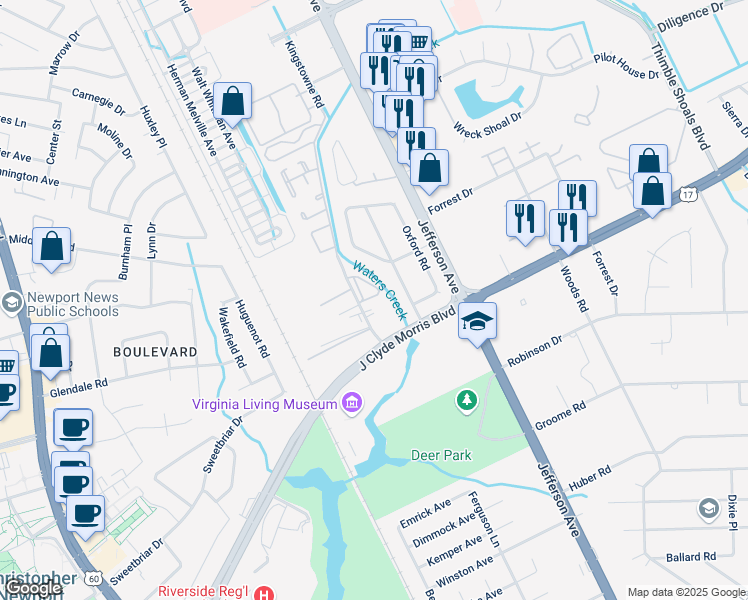 map of restaurants, bars, coffee shops, grocery stores, and more near 614 Jessica Circle in Newport News