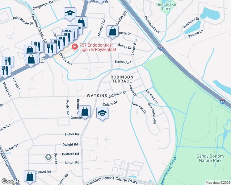 map of restaurants, bars, coffee shops, grocery stores, and more near 220 Robinson Drive in Newport News