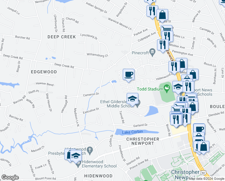 map of restaurants, bars, coffee shops, grocery stores, and more near 113 Terrell Road in Newport News