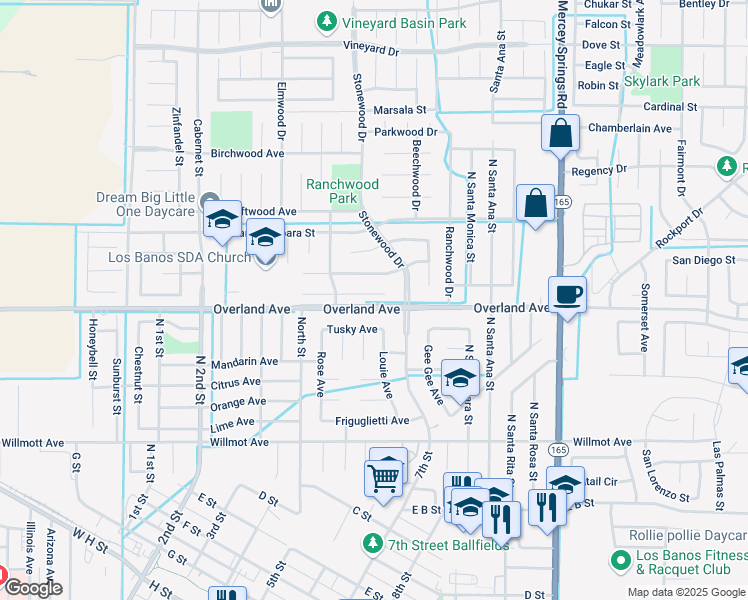 map of restaurants, bars, coffee shops, grocery stores, and more near 727 Kirkwood Ct in Los Banos