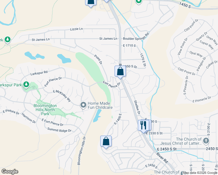 map of restaurants, bars, coffee shops, grocery stores, and more near 2050 South 1400 East in St. George