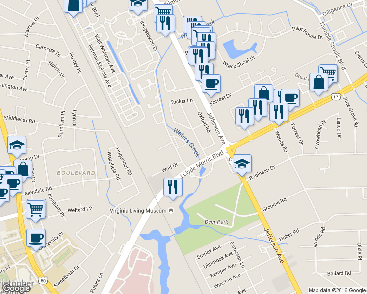 map of restaurants, bars, coffee shops, grocery stores, and more near 614 Jessica Circle in Newport News