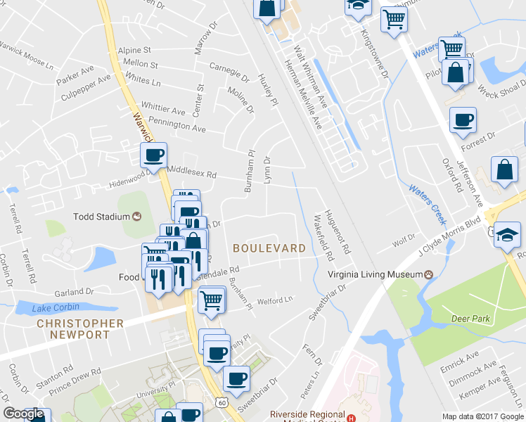 map of restaurants, bars, coffee shops, grocery stores, and more near 39 Minton Drive in Newport News