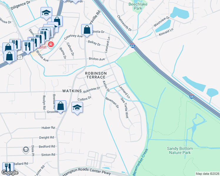 map of restaurants, bars, coffee shops, grocery stores, and more near 648 Kelso Drive in Newport News
