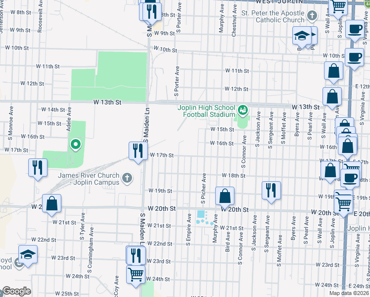 map of restaurants, bars, coffee shops, grocery stores, and more near 1617 Annie Baxter Avenue in Joplin