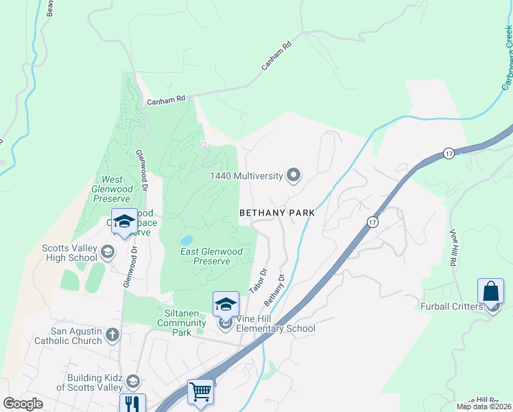 map of restaurants, bars, coffee shops, grocery stores, and more near 125 Bethany Way in Scotts Valley