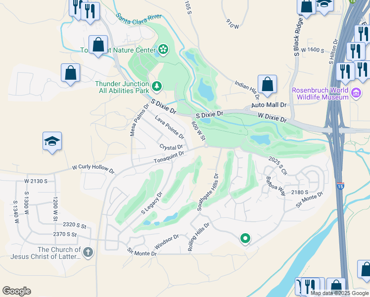 map of restaurants, bars, coffee shops, grocery stores, and more near 671 West Crystal Circle in St. George