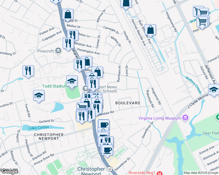 map of restaurants, bars, coffee shops, grocery stores, and more near 26 Burnham Place in Newport News