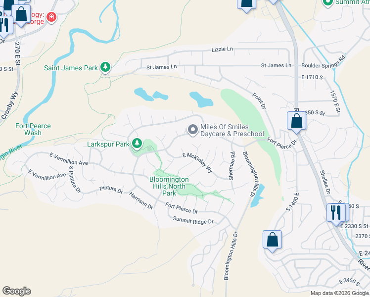 map of restaurants, bars, coffee shops, grocery stores, and more near 2047 Sanford Place in St. George