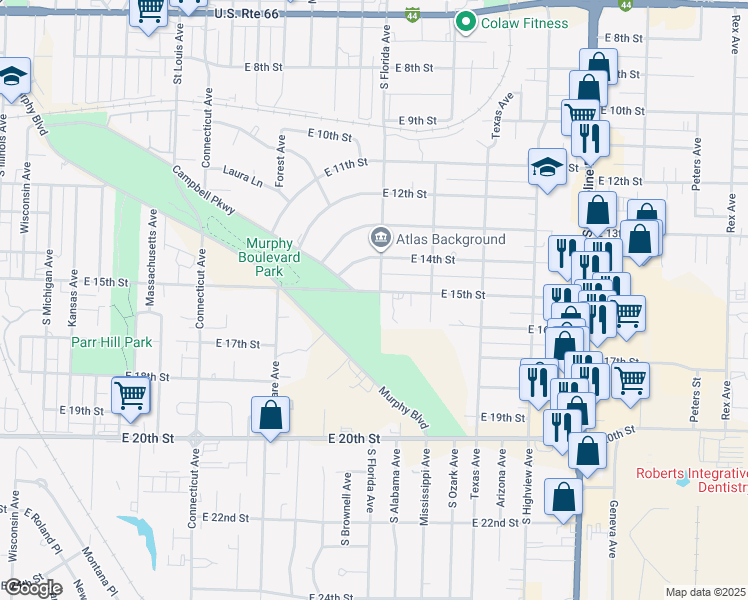 map of restaurants, bars, coffee shops, grocery stores, and more near 2530 East 15th Street in Joplin