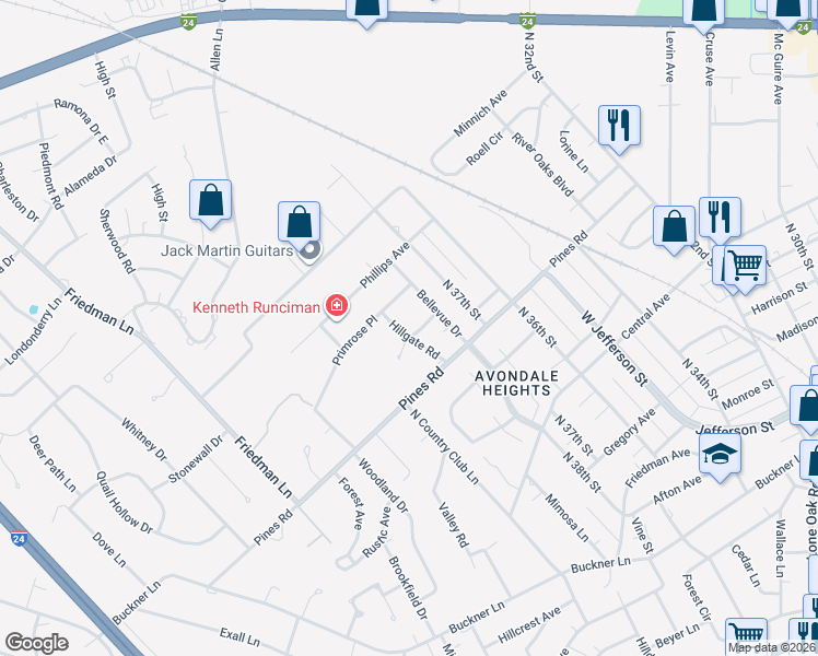 map of restaurants, bars, coffee shops, grocery stores, and more near 700 Hillgate Road in Paducah