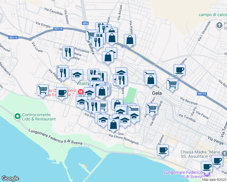 map of restaurants, bars, coffee shops, grocery stores, and more near 58A Via Cicerone in Gela