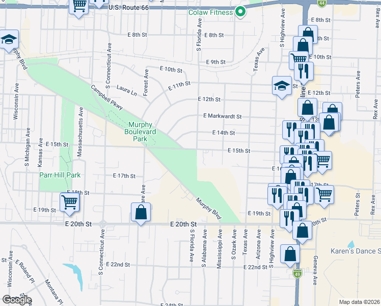 map of restaurants, bars, coffee shops, grocery stores, and more near 2530 East 15th Street in Joplin