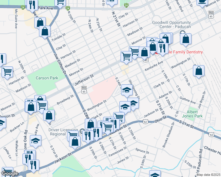 map of restaurants, bars, coffee shops, grocery stores, and more near 2501 Kentucky Avenue in Paducah