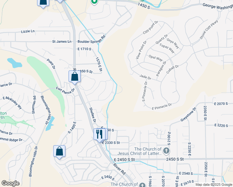 map of restaurants, bars, coffee shops, grocery stores, and more near Schrund Circle in St. George